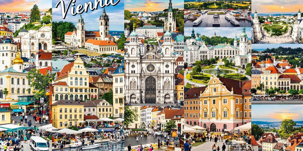 Fotografische Collage der Wiener Bezirke mit lebhaften Szenen.