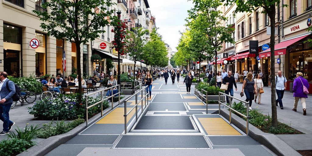 Barrierefreies Stadtbild mit Menschen und Zugängen.