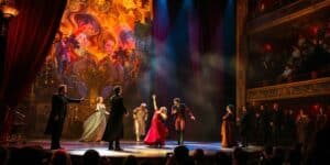 Theaterszene mit Schauspielern und bunten Kostümen in Wien.